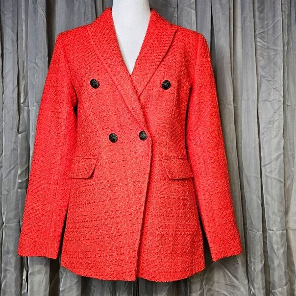 LOFT Rapture Red Coral Trendy Career Professional  Double Breasted Tweed Blazer - Picture 1 of 13